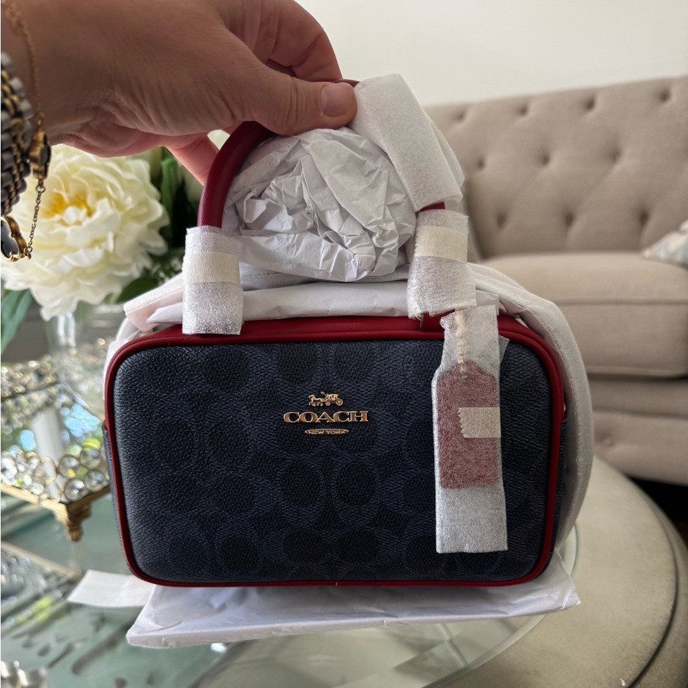 Satchel Crossbody Bag In Signature Canvas Denim/Bold Red CW197 - Picture 9 of 16